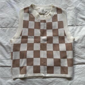 Cream and Brown Checkered Knit Crop Top